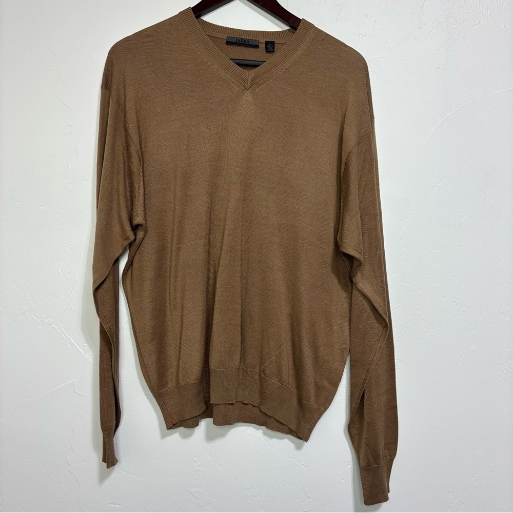Cullen Men's V Neck 100% Silk Sweater Tan Camel Neutral XL Pullover
